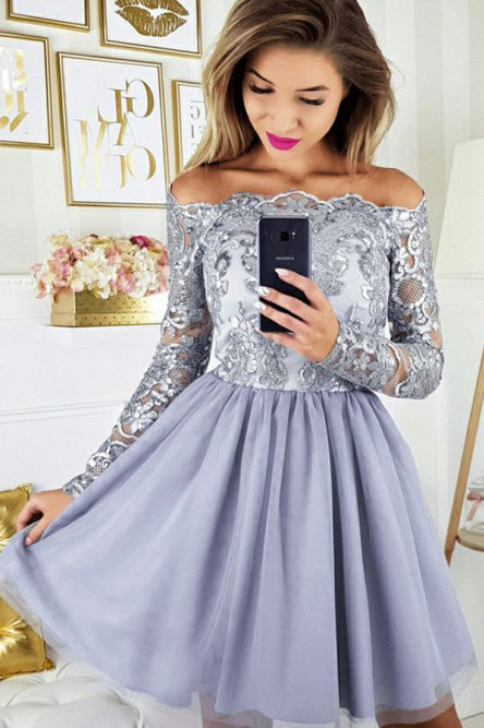 A-line Off the Shoulder Appliqued Lavender Homecoming Dress with Tulle cathyprom A-line Off the Shoulder Appliqued Lavender Homecoming Dress with Tulle cathyprom