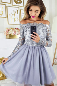 A-line Off the Shoulder Appliqued Lavender Homecoming Dress with Tulle Skirt OHM219