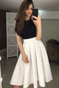 A-Line Halter Backless Tea-Length White Short Prom Dress Homecoming Dress with Pleats OHC564