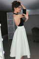 A-Line Halter Backless Tea-Length White Short Prom Dress Homecoming Dress with Pleats OHC564