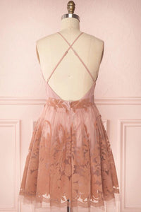 Sleeveless Deep V-neck Short Prom Homecoming Dress with Lace OHM033 | Cathyprom