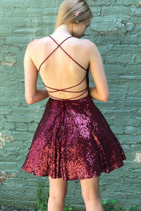 Sparkle Criss-Cross Back Burgundy Sequined Homecoming Party Dress OHM054 | Cathyprom