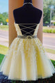 Modest Halter Criss-Cross Back Homecoming Dress with Appliques Beading OHM057 | Cathyprom