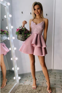 Chic Spaghetti Straps Tiered Pink Short Prom Homecoming Dress with Appliques Beading OHM044 | Cathyprom