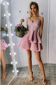 Chic Spaghetti Straps Tiered Pink Short Prom Homecoming Dress with Appliques Beading OHM044 | Cathyprom