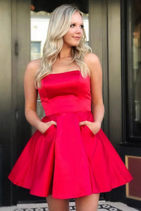 Simple Strapless Red Sleeveless Short Prom Homecoming Dress with Pockets OHC042 | Cathyprom