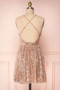 Sparkle Deep V-Neck Criss-Cross Sequined Homecoming Dress OHM046 | Cathyprom
