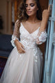 Charming A Line Tulle Sweep Train Long Sleeves Backless Prom Dress with Appliques OHC172 | Cathyprom