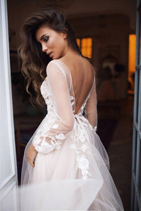 Charming A Line Tulle Sweep Train Long Sleeves Backless Prom Dress with Appliques OHC172 | Cathyprom