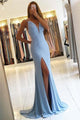 Column Spaghetti strap Blue Bridesmaid Dresses with Split Front EM3814