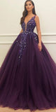 Tulle A-Line V-Neck Sweep Train With Appliques Prom Dress IZ2839