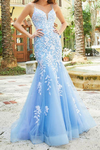 Gorgeous Spaghetti Straps Floral LaceDeep V-neck Sleeveless Prom Dress SNH006