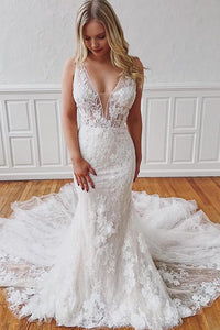 Gorgeous Mermaid Sleeveless Detachable Train White Wedding Dresses with Appliques OHD102 | Cathyprom