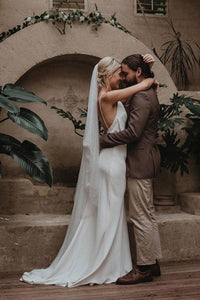 Simple Mermaid/Trumpet V-Neck Satin Open Back Bridal Gown Long White Elastic Satin Wedding Dress OHD233