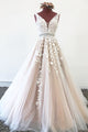 Elegant V Neck Backless Pink Tulle Lace Appliques Long Prom Dress OHC014 | Cathyprom