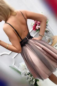 A Line Stylish V Neck Short Homecoming Dresses with Appliques OHM015 | Cathyprom