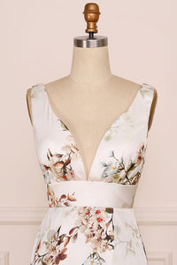 A-Line V-Neck Floor-Length Pink Floral Chiffon Bridesmaid Dress OHS010 | Cathyprom
