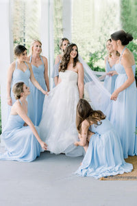 Simple A Line Halter Floor Length Long Chiffon Blue Bridesmaid Dress with Ruched OHS150