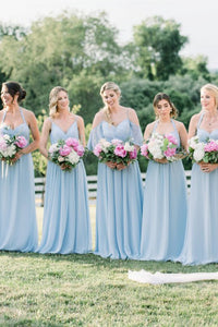 Simple A Line Halter Floor Length Long Chiffon Blue Bridesmaid Dress with Ruched OHS150
