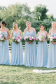 Simple A Line Halter Floor Length Long Chiffon Blue Bridesmaid Dress with Ruched OHS150
