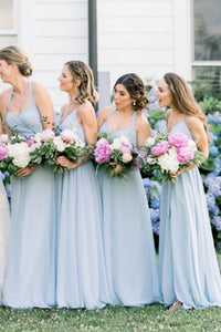 Simple A Line Halter Floor Length Long Chiffon Blue Bridesmaid Dress with Ruched OHS150