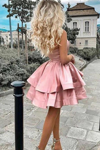 A Line One Shoulder Pink Short Homecoming Prom Dresses with Ruched OHM023 | Cathyprom