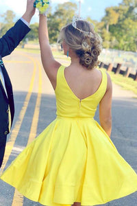 Simple V Neck Yellow Short Homecoming Dresses with Ruched OHM021 | Cathyprom