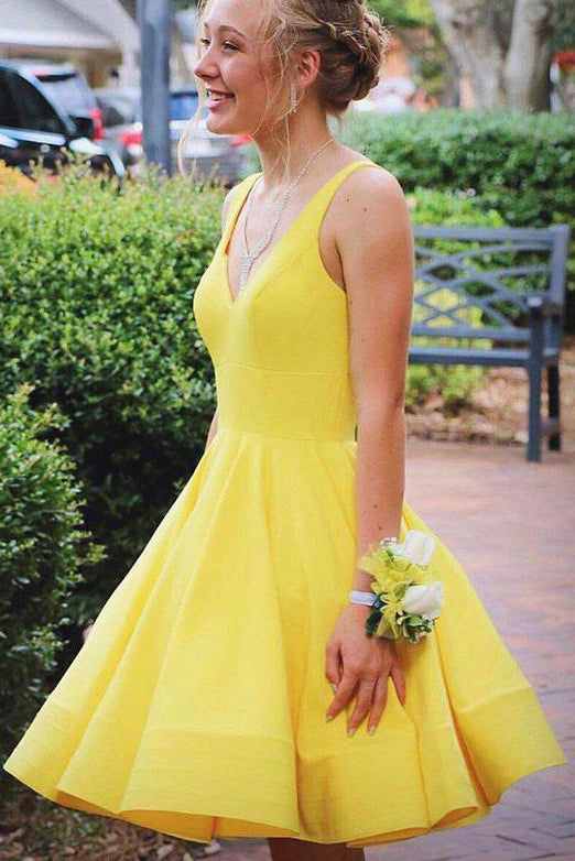Simple V Neck Yellow Short Homecoming Dresses with Ruched OHM021 cathyprom Simple V Neck Yellow Short Homecoming Dresses with Ruched OHM021 cathyprom