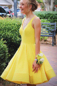 Simple V Neck Yellow Short Homecoming Dresses with Ruched OHM021 | Cathyprom