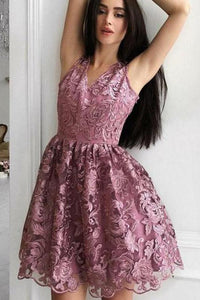 Gorgeous A Line V Neck Short Homecoming Dresses with Lace OHM022 | Cathyprom