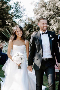 Formal Satin A-Line Square Neck Long White Sleeveless Wedding Dress Simple Bridal Gown OHD237