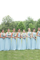 Simple A Line Long Round Neck Light Blue Chiffon Bridesmaid Dress with Ruched OHS147