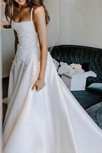Formal Satin A-Line Square Neck Long White Sleeveless Wedding Dress Simple Bridal Gown OHD237