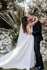 Formal Satin A-Line Square Neck Long White Sleeveless Wedding Dress Simple Bridal Gown OHD237