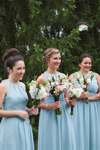 Simple A Line Long Round Neck Light Blue Chiffon Bridesmaid Dress with Ruched OHS147