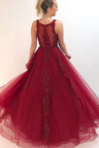 Beautiful A Line Round Neck Burgundy Appliques Prom Dresses OHC155 | Cathyprom