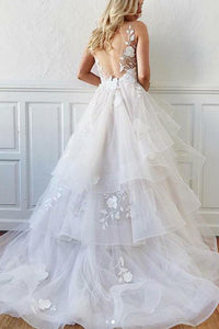 Charming A Line V Neck Sleeveless White Organza Wedding Dresses with Ruffles Appliques OHD109 | Cathyprom