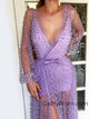 Sexy Deep V-neck Purple Prom Dress Charming Pearl Long Sleeve Prom/Evening Gown with Slit HSC2214