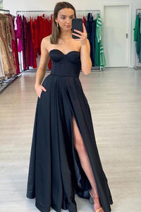 Simple Prom Dress Black Sweetheart Side Slit A-Line Satin Prom Dresses Evening Dresses OHC597