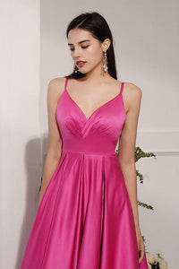 Simple A Line Spaghetti Straps Sweep Train Long Fuchsia Prom Dresses Evening Dresses OHC361 | Cathyprom