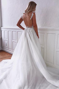 Charming A Line V Neck White Sleeveless Open Back Wedding Dresses Appliques OHD101 | Cathyprom