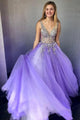 Lavender Sexy Tulle V-neck Beading Long Prom Dresses PT1318