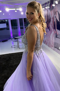 Lavender Sexy Tulle V-neck Beading Long Prom Dresses PT1318