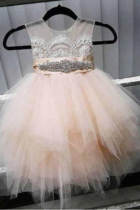 A-Line Tulle Beads Appliques Scoop Button Cap Sleeve Flower Girl Dresses OHR022 | Cathyprom