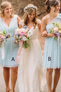 A-Line V-Neck Knee-Length Light Blue Bridesmaid Dress with Lace Pleats OHS015 | Cathyprom