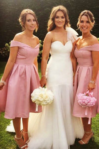 A-Line Off-the-Shoulder Knee Length Bridesmaid Dress with Pleats OHS036 | Cathyprom