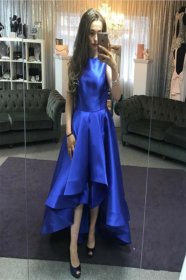 A Line Round Neck Sleeveless High Low Royal Blue Satin Prom Dress