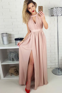 A-Line Jewel Floor-Length Blush Chiffon Prom Dress with Keyhole OHC053 | Cathyprom