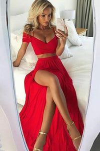Two Piece V-Neck Short Sleeves Red Chiffon Prom Dress with Split OHC072 | Cathyprom