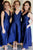 A-Line V-Neck High Low Royal Blue Satin Bridesmaid Dress with Pockets OHS007 | Cathyprom